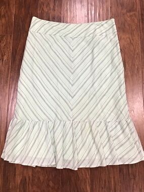 LOFT Mint and White Striped Midi Skirt with Ruffle Hem